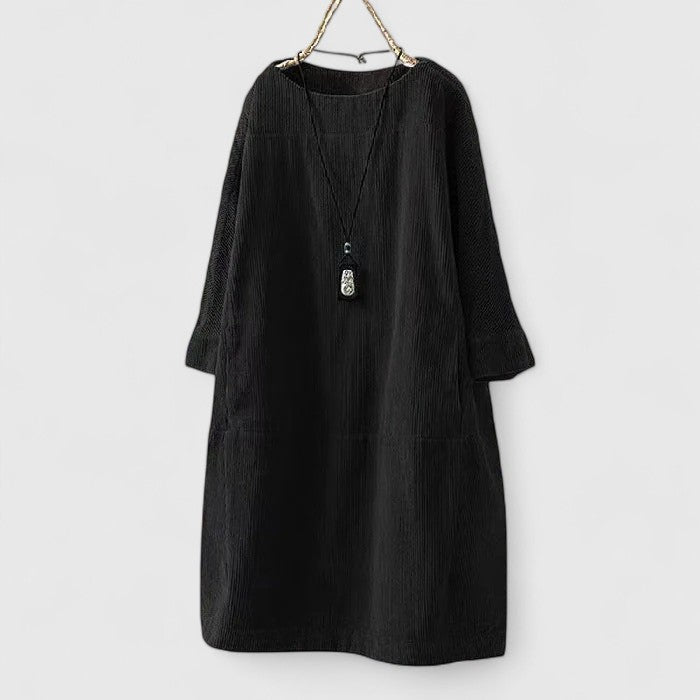 Robe midi à col rond côtelée pour femmes avec manches trois-quarts et poches avant