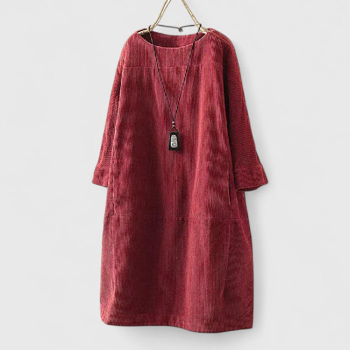 Robe midi à col rond côtelée pour femmes avec manches trois-quarts et poches avant