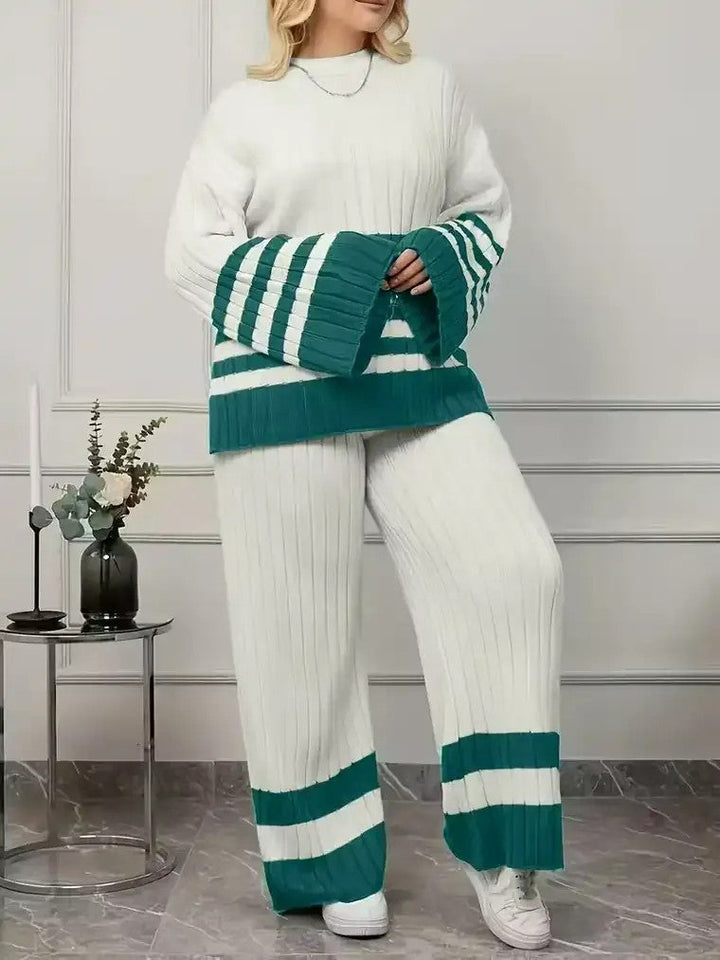 Ensemble pour Femmes en Maille Côtelée avec Manches Longues et Pantalon Ample à Rayures