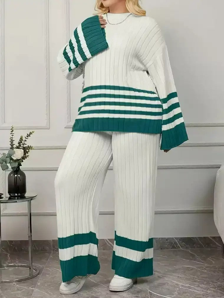 Ensemble pour Femmes en Maille Côtelée avec Manches Longues et Pantalon Ample à Rayures