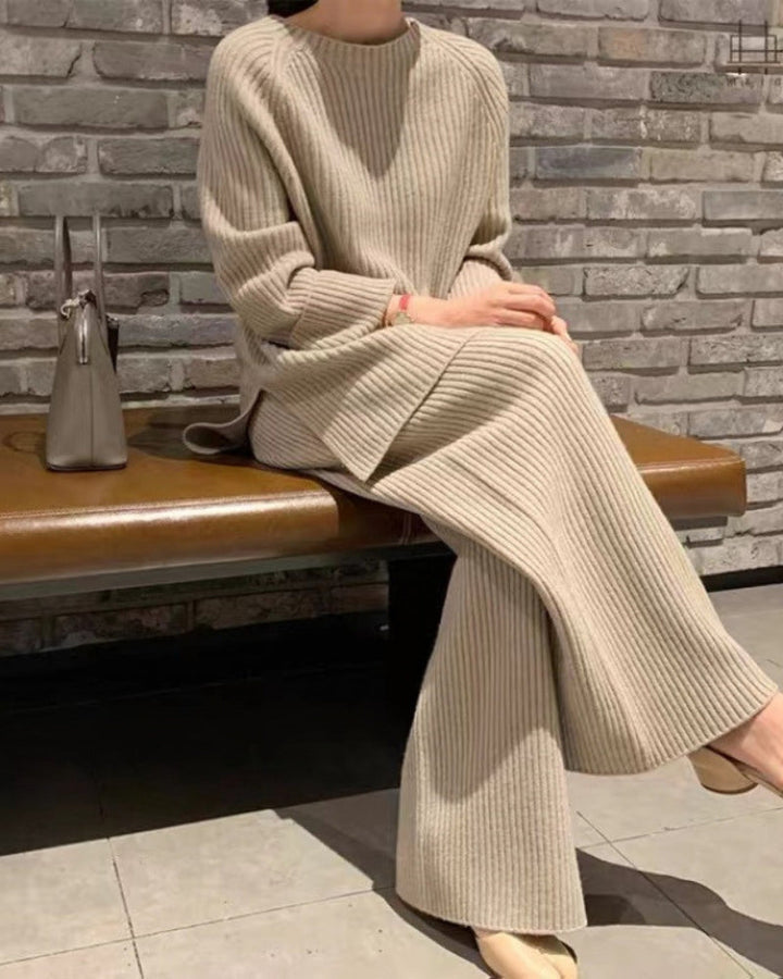 Ensemble Tricot Rippé pour Femmes avec Col Montant, Pull et Pantalon à Jambe Large