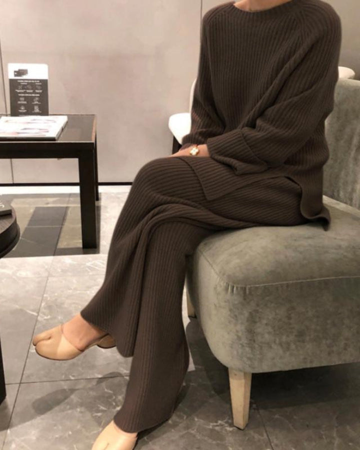 Ensemble Tricot Rippé pour Femmes avec Col Montant, Pull et Pantalon à Jambe Large
