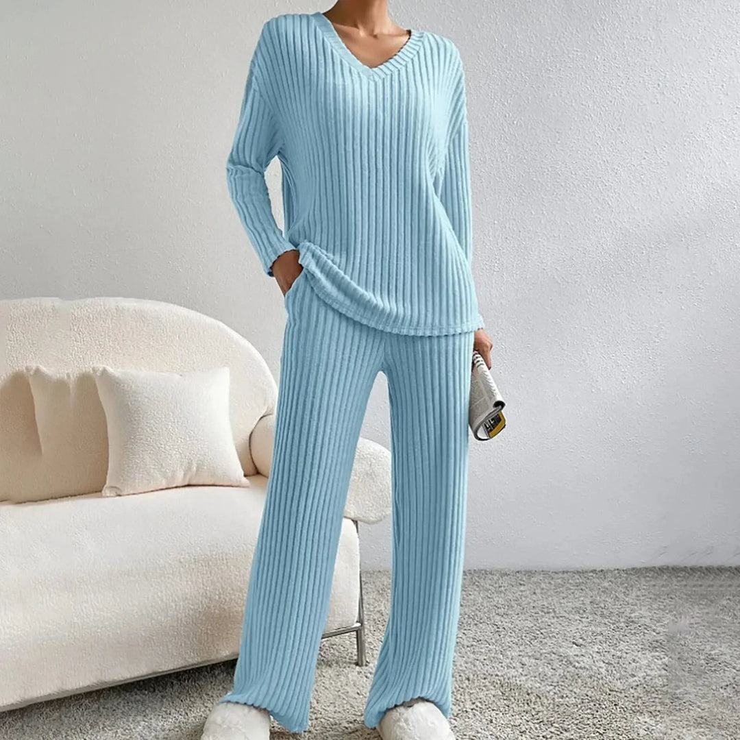 Ensemble en Tricot Rippé pour Femmes avec Décolleté en V, Manches Longues et Pantalon Large