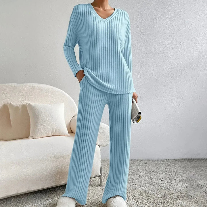 Ensemble en Tricot Rippé pour Femmes avec Décolleté en V, Manches Longues et Pantalon Large
