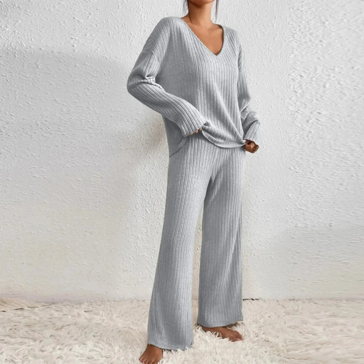 Ensemble en Tricot Rippé pour Femmes avec Décolleté en V, Manches Longues et Pantalon Large