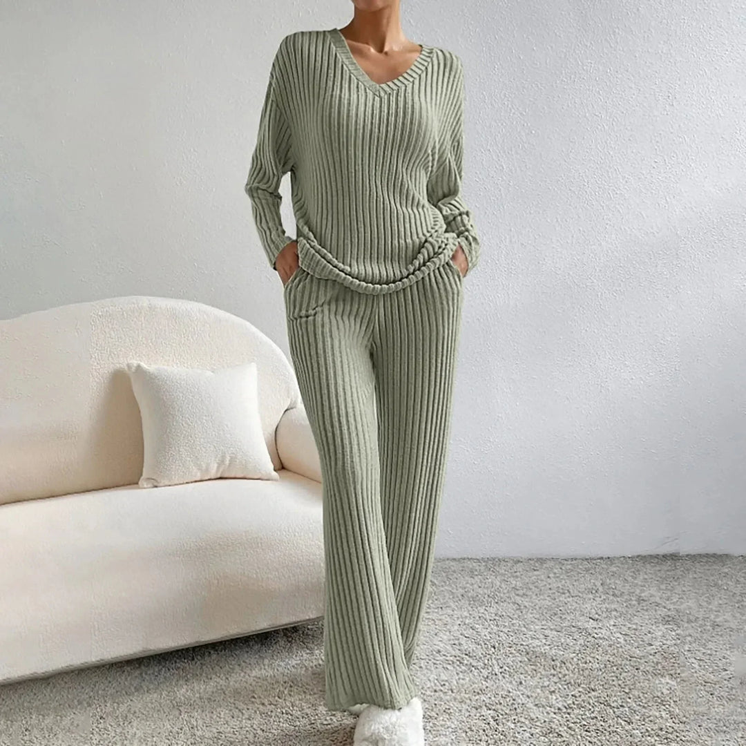 Ensemble en Tricot Rippé pour Femmes avec Décolleté en V, Manches Longues et Pantalon Large