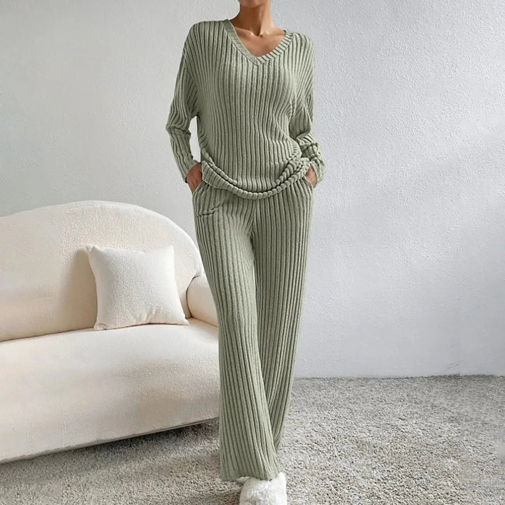 Ensemble en Tricot Rippé pour Femmes avec Décolleté en V, Manches Longues et Pantalon Large