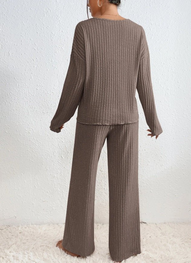 Ensemble en Tricot Rippé pour Femmes avec Décolleté en V, Manches Longues et Pantalon Large