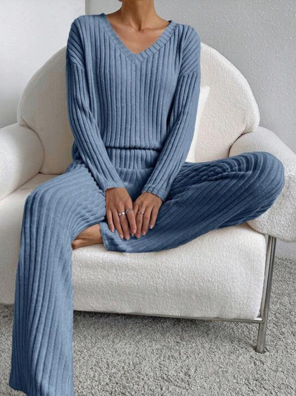 Ensemble en Tricot Rippé pour Femmes avec Décolleté en V, Manches Longues et Pantalon Large