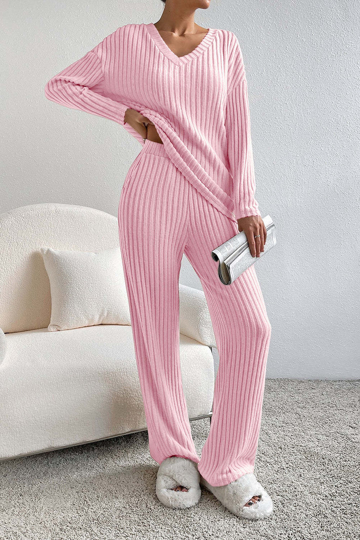 Ensemble en Tricot Rippé pour Femmes avec Décolleté en V, Manches Longues et Pantalon Large