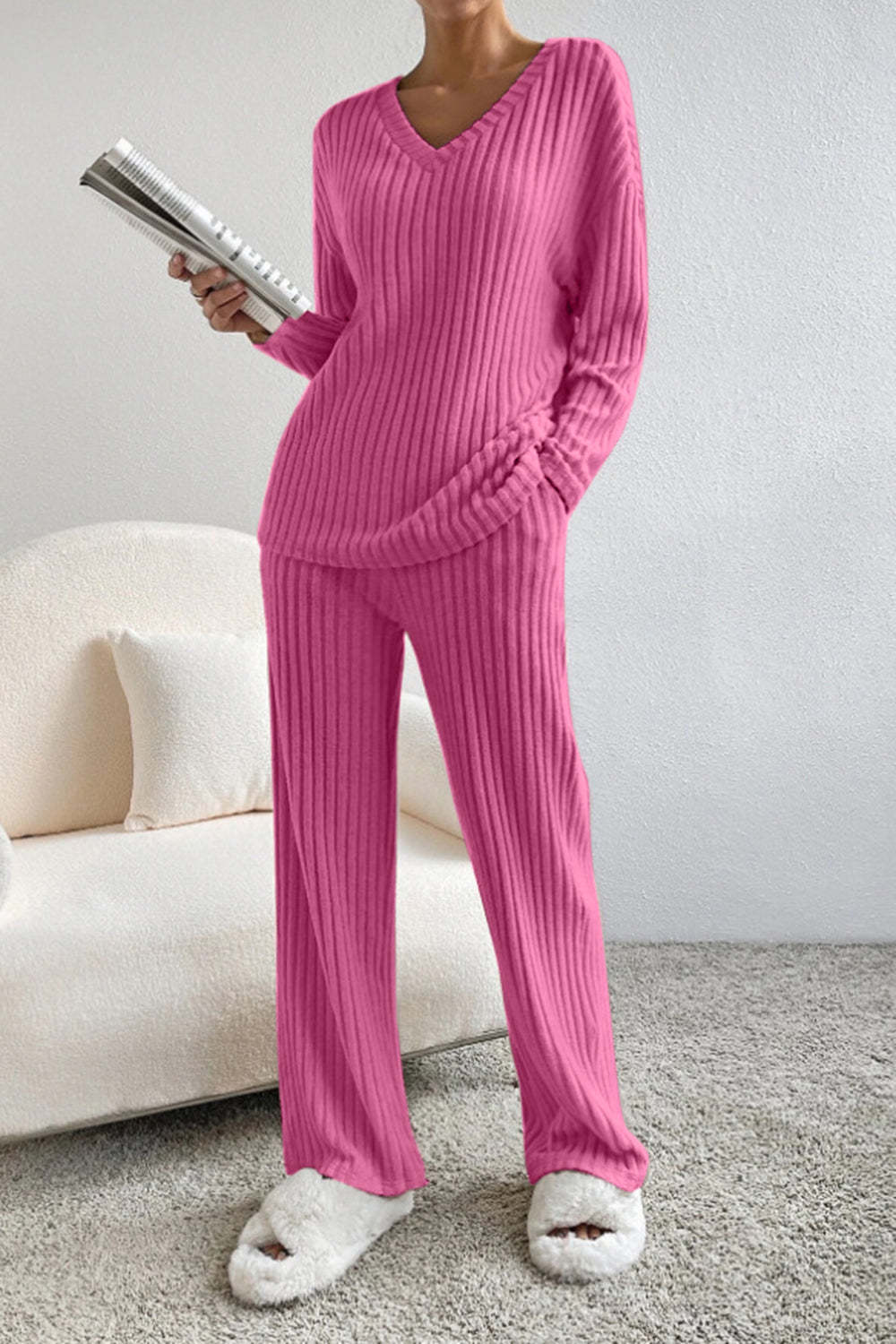 Ensemble en Tricot Rippé pour Femmes avec Décolleté en V, Manches Longues et Pantalon Large