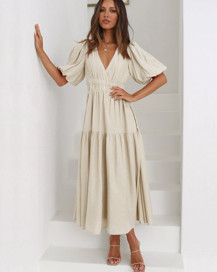 Robe midi à volants pour femmes avec décolleté en V et manches bouffantes
