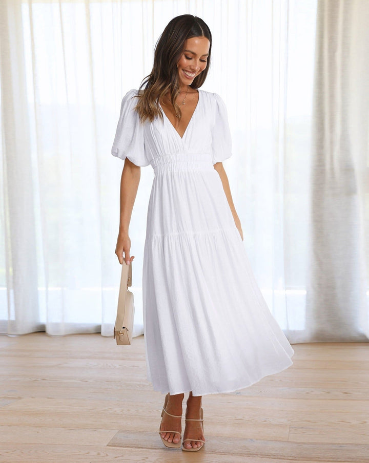 Robe midi à volants pour femmes avec décolleté en V et manches bouffantes