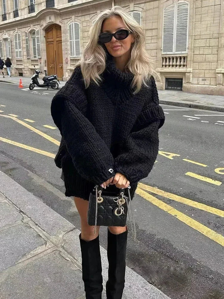 Pull à col roulé en grosse maille pour femmes avec manches longues et bords côtelés