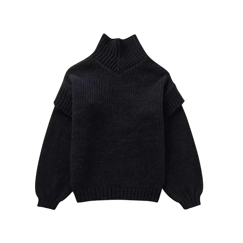 Pull à col roulé en grosse maille pour femmes avec manches longues et bords côtelés