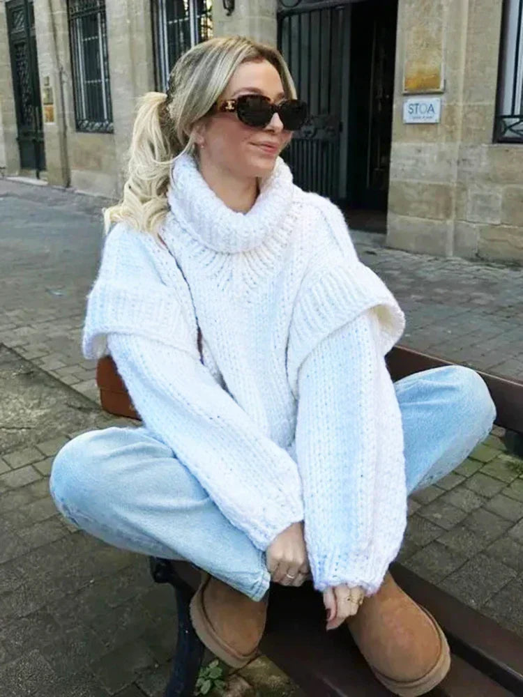 Pull à col roulé en grosse maille pour femmes avec manches longues et bords côtelés