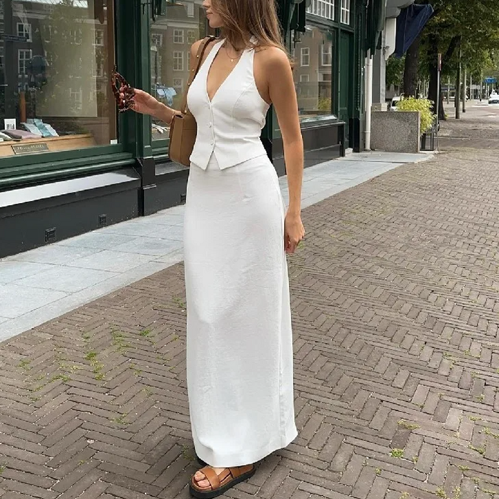 Ensemble de gilet à col halter pour femmes avec décolleté en V profond et jupe maxi