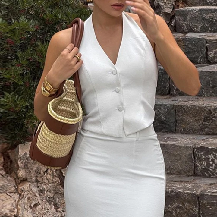 Ensemble de gilet à col halter pour femmes avec décolleté en V profond et jupe maxi