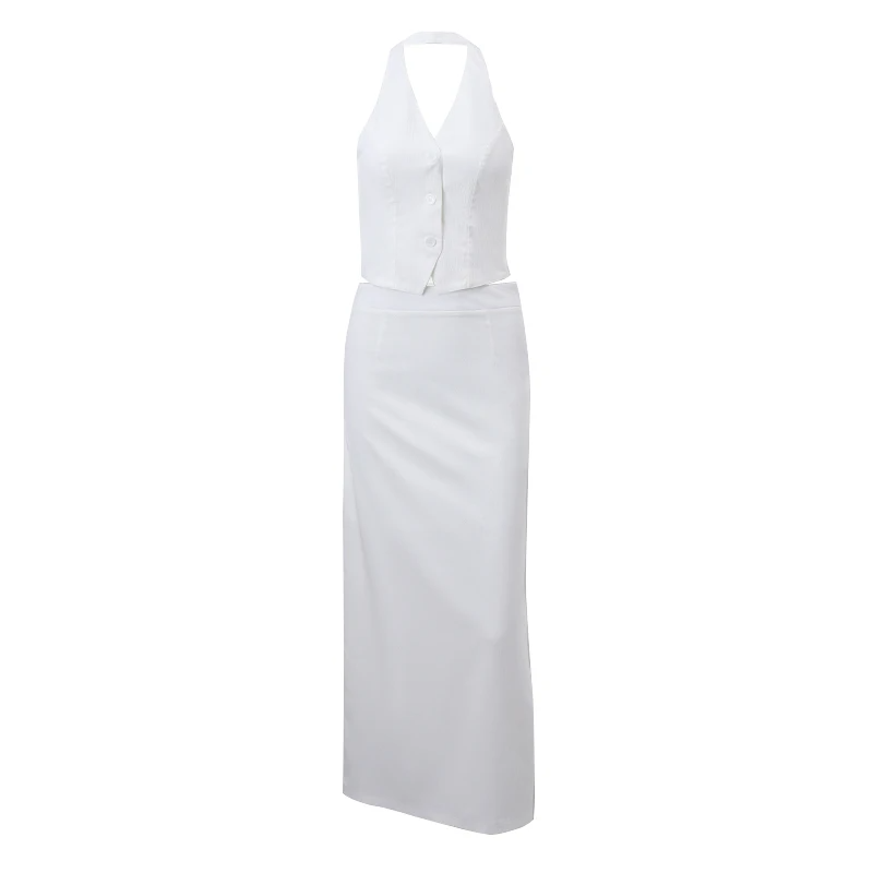 Ensemble de gilet à col halter pour femmes avec décolleté en V profond et jupe maxi