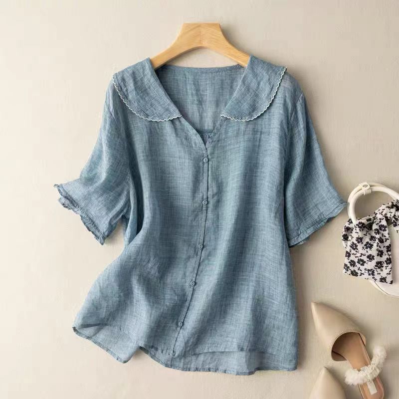 Blouse chemise pour femmes avec col Claudine et boutonnière continue et manches à volants