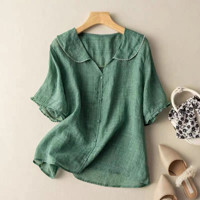 Blouse chemise pour femmes avec col Claudine et boutonnière continue et manches à volants