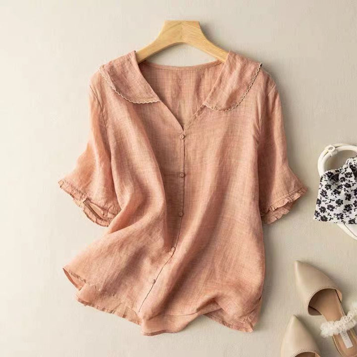 Blouse chemise pour femmes avec col Claudine et boutonnière continue et manches à volants
