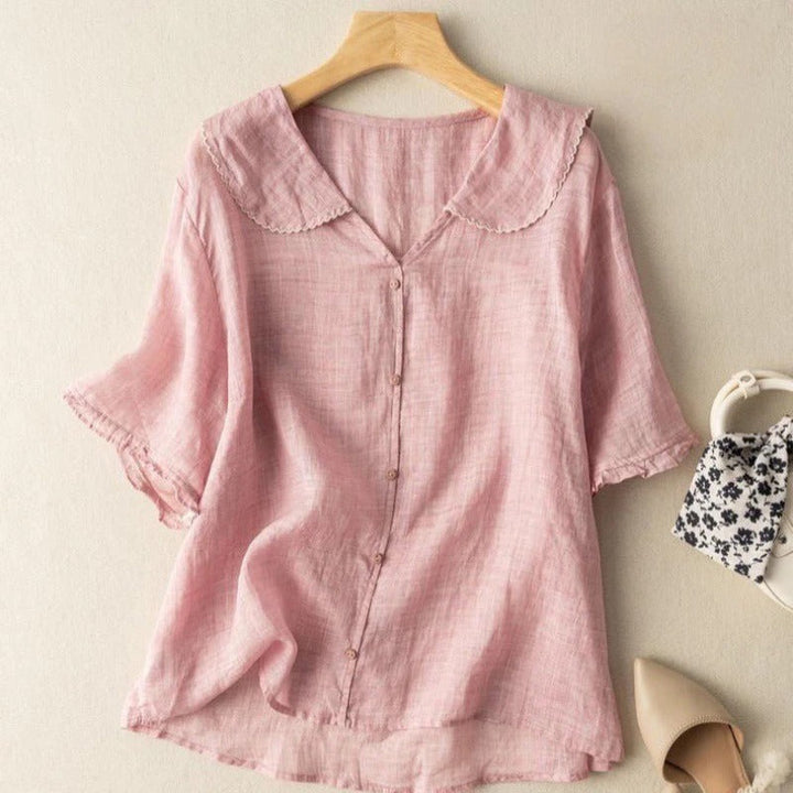 Blouse chemise pour femmes avec col Claudine et boutonnière continue et manches à volants
