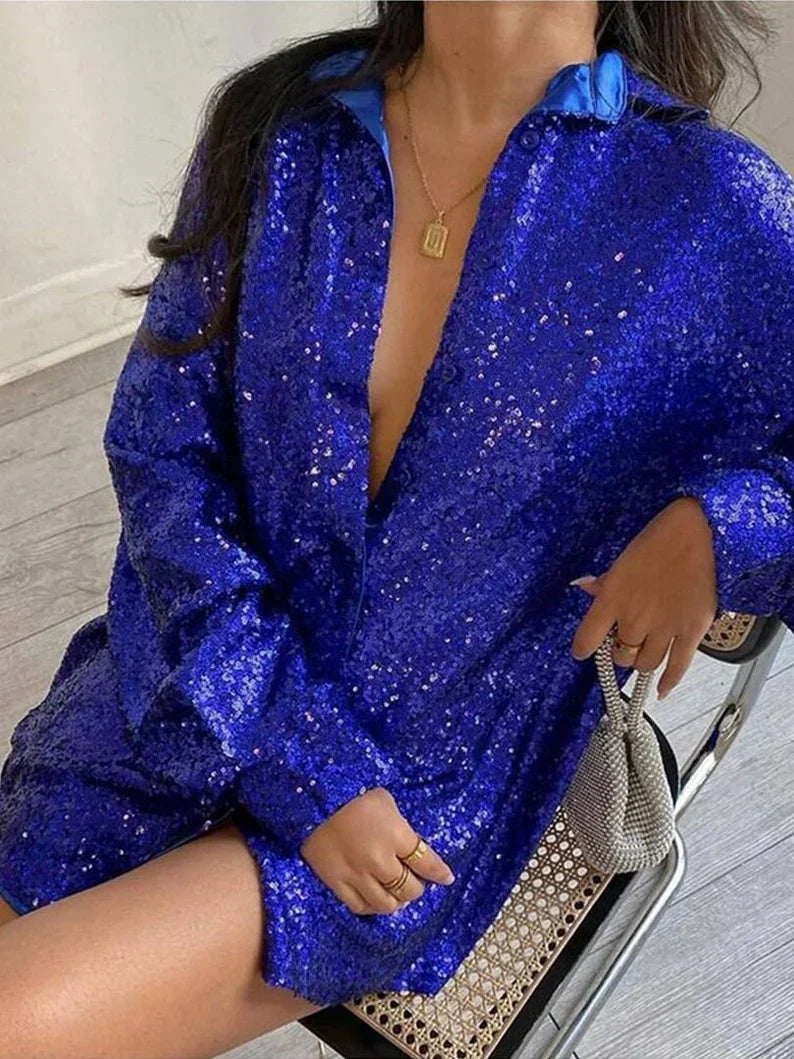 Blouse pour femmes avec ornements en sequins, col chemise, manches longues et fermeture à boutons