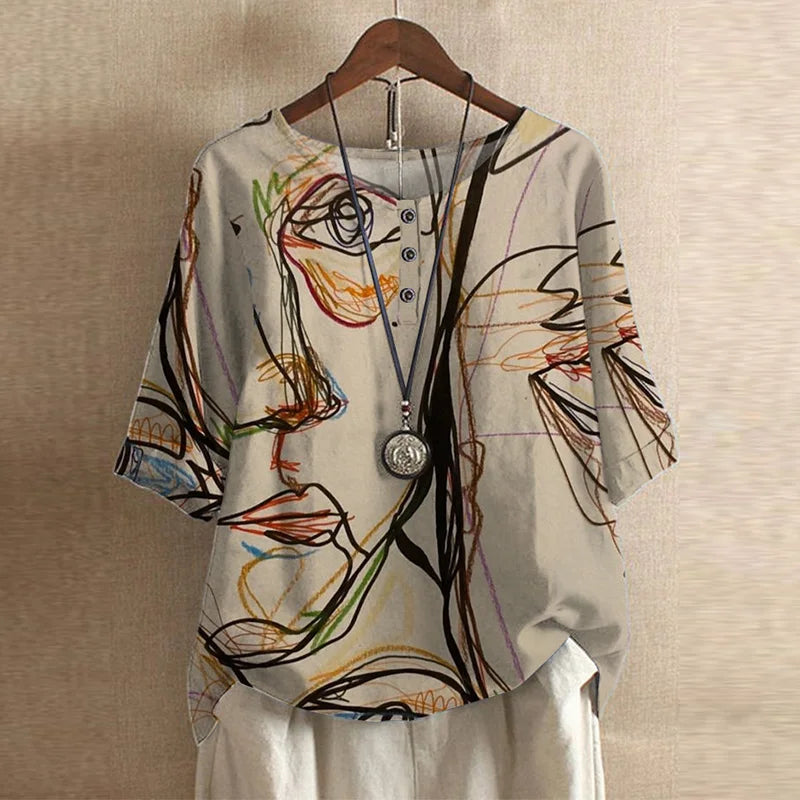 Blouse chemise pour femmes avec encolure ronde, manches mi-longues, patte de boutonnage et poignets retroussés