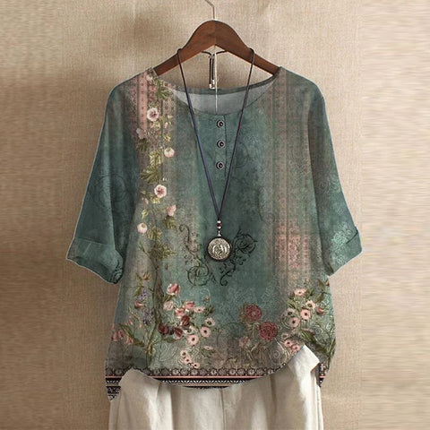 Blouse chemise pour femmes avec encolure ronde, manches mi-longues, patte de boutonnage et poignets retroussés