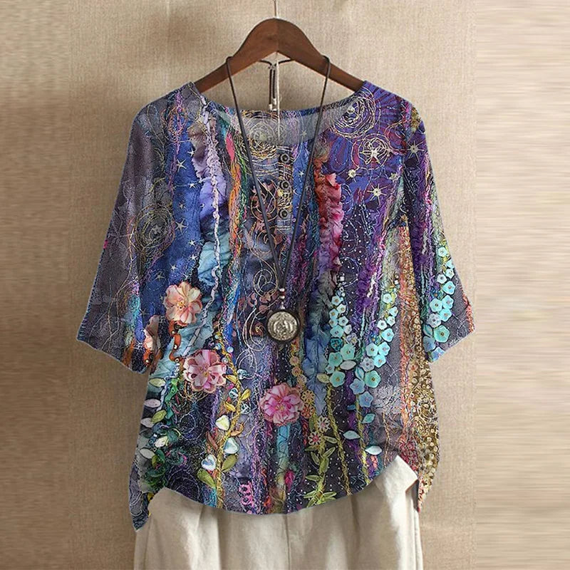 Blouse chemise pour femmes avec encolure ronde, manches mi-longues, patte de boutonnage et poignets retroussés