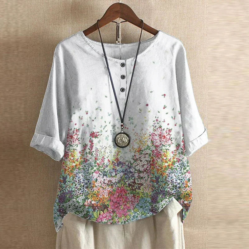 Blouse chemise pour femmes avec encolure ronde, manches mi-longues, patte de boutonnage et poignets retroussés