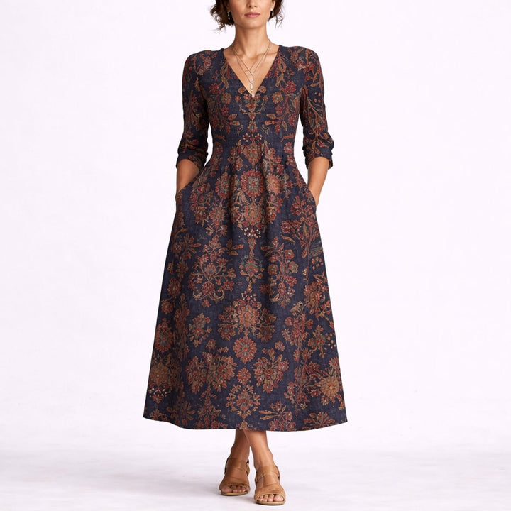 Elisabeth | Robe Maxi Fleurie à Décolleté en V en Lin pour Femmes Invitées de Mariage d'Automne