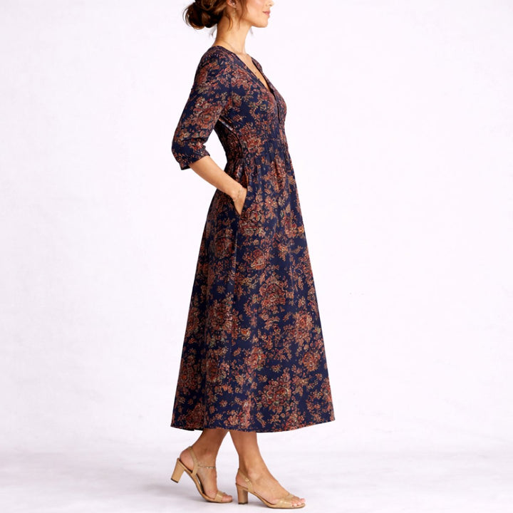 Elisabeth | Robe Maxi Fleurie à Décolleté en V en Lin pour Femmes Invitées de Mariage d'Automne