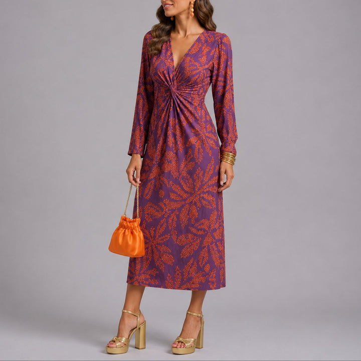 Sophie | Robe d'invitée de mariage d'automne pour femmes Boho Fleurs Twist Midi Décolleté en V