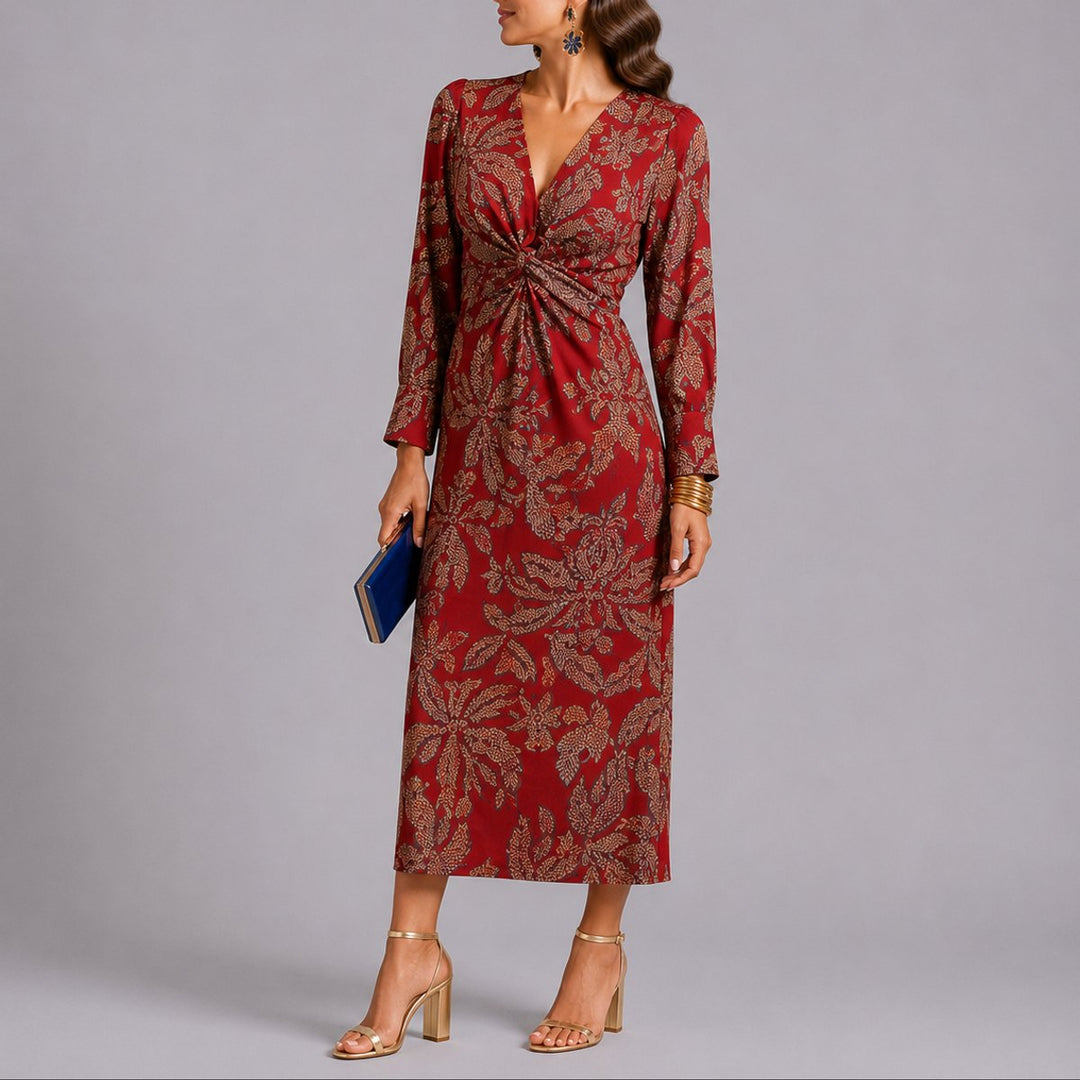 Sophie | Robe d'invitée de mariage d'automne pour femmes Boho Fleurs Twist Midi Décolleté en V
