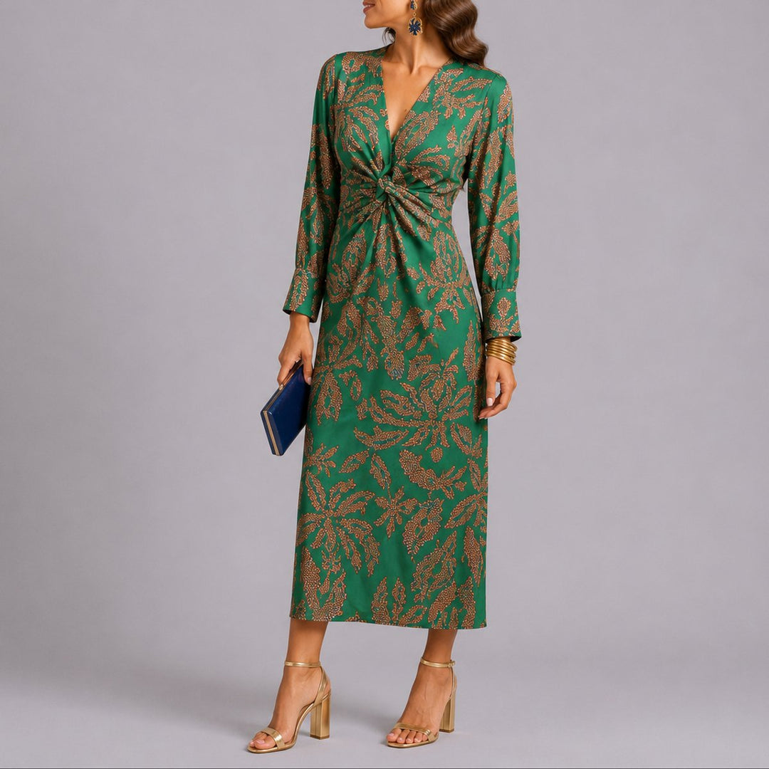 Sophie | Robe d'invitée de mariage d'automne pour femmes Boho Fleurs Twist Midi Décolleté en V