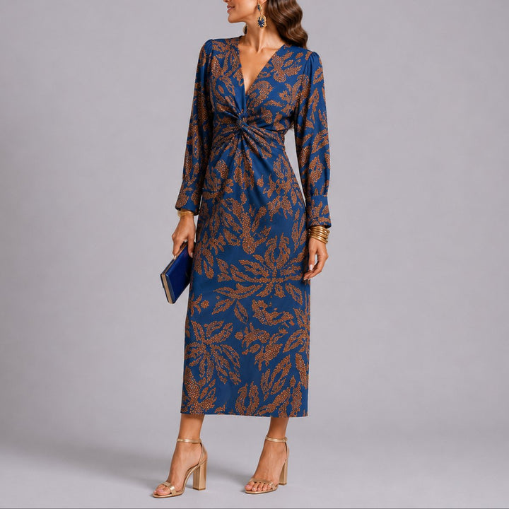 Sophie | Robe d'invitée de mariage d'automne pour femmes Boho Fleurs Twist Midi Décolleté en V