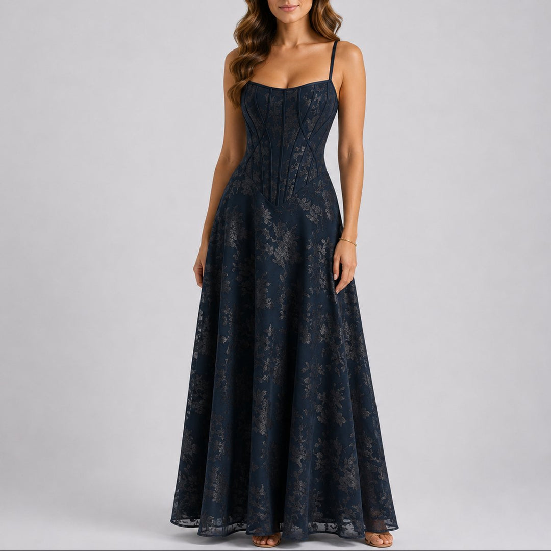 Marlene | Robe Maxi Fleurie Corset à Bretelles pour Femmes Invitées de Mariage en Automne