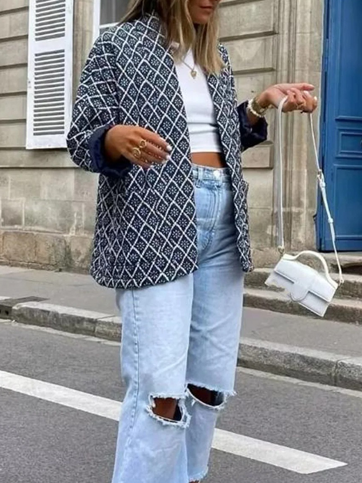 Veste Femme avec Décolleté Ouvert et Motif Géométrique et Poches Plaquées