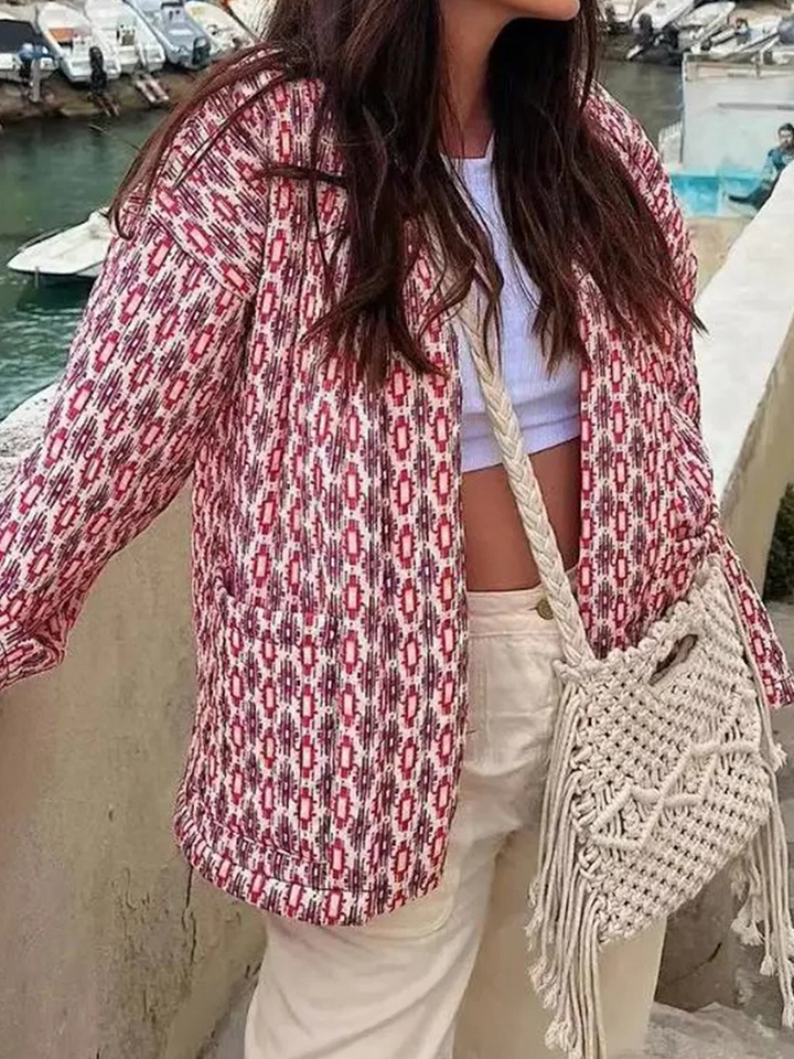 Veste Femme avec Décolleté Ouvert et Motif Géométrique et Poches Plaquées