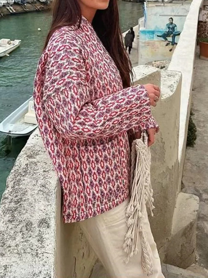 Veste Femme avec Décolleté Ouvert et Motif Géométrique et Poches Plaquées