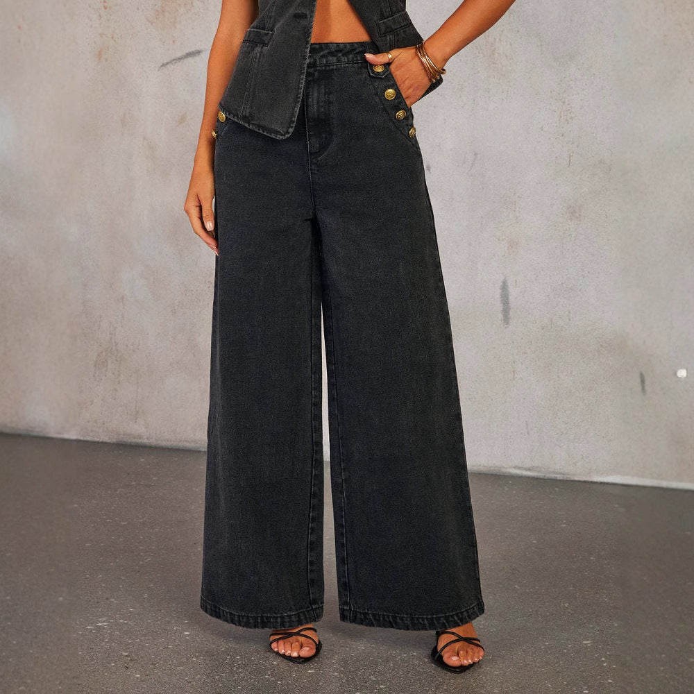 Ensemble de jeans pour femmes avec gilet sans manches à boutons et pantalon large à taille haute