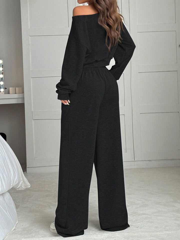 Ensemble de Jogging pour Femmes avec Haut Sans Épaule et Pantalon Large avec Cordon