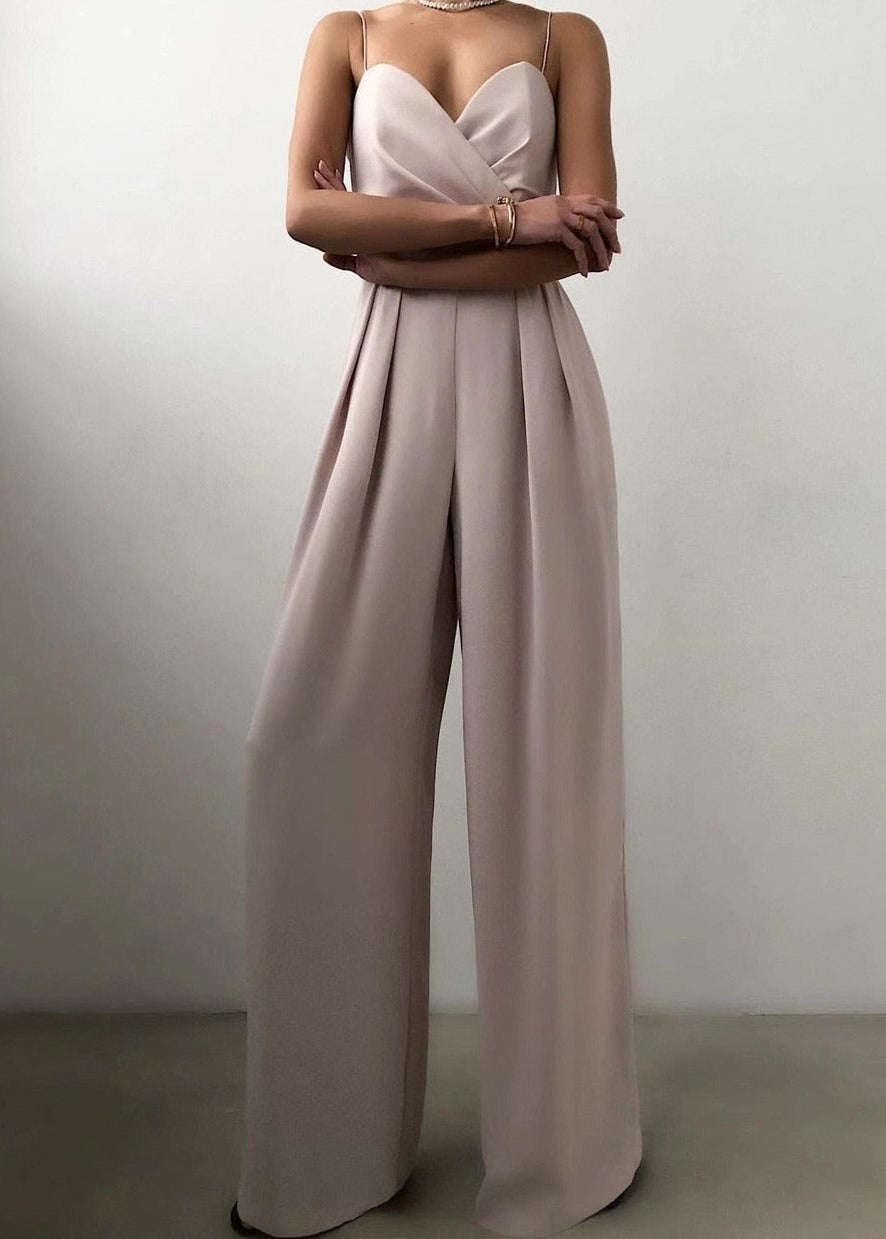 Combinaison Femme avec Top Croisé, Bretelles Spaghetti, Décolleté en Cœur et Pantalon Large