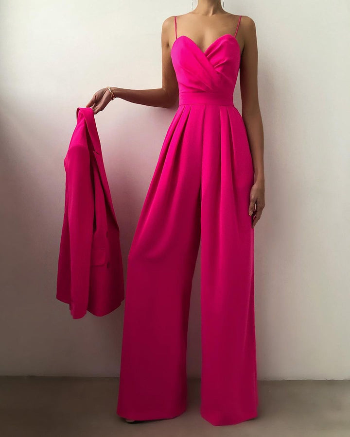 Combinaison Femme avec Top Croisé, Bretelles Spaghetti, Décolleté en Cœur et Pantalon Large