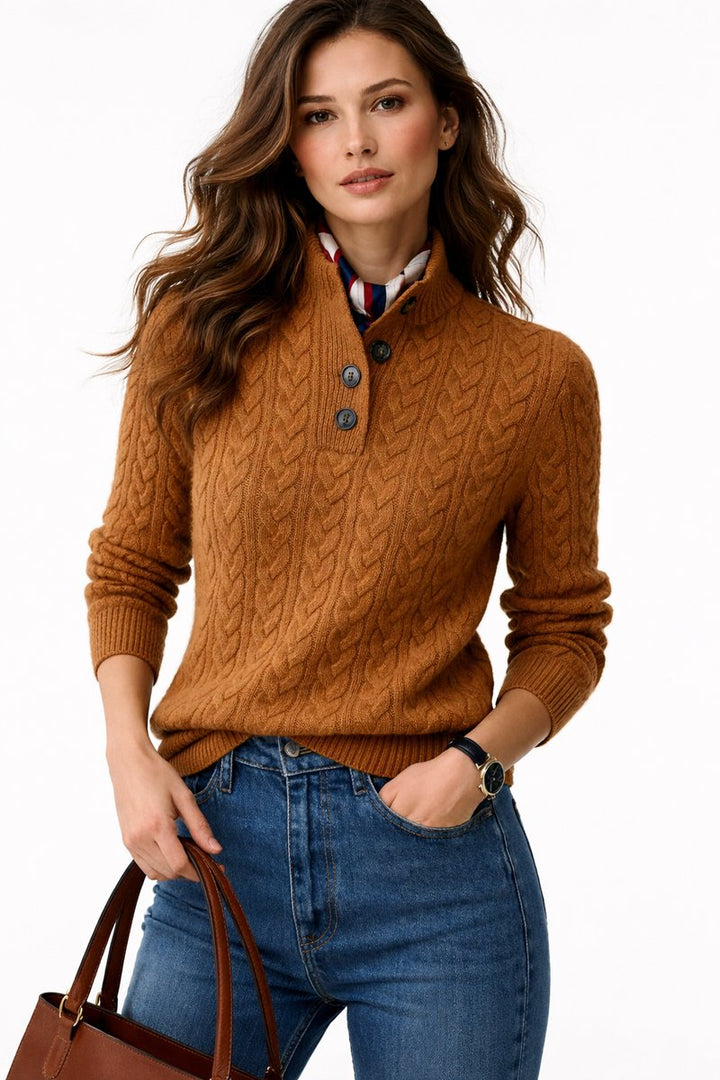 Elisabeth | Pull en mélange de laine avec col roulé en cable pour femmes avec patte de boutonnage