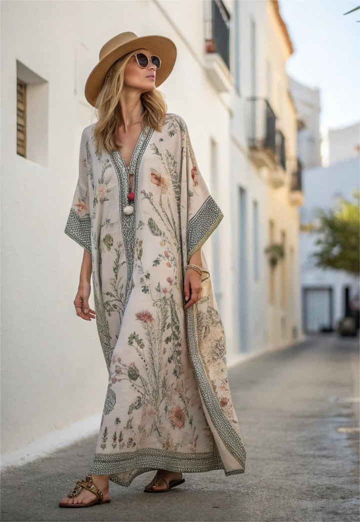Robe maxi kaftan pour femmes avec décolleté en V, manches larges, motif floral et bordure décorative