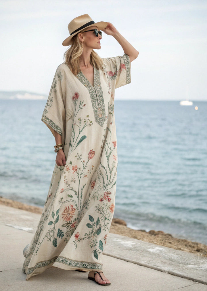 Robe maxi kaftan pour femmes avec décolleté en V, manches larges, motif floral et bordure décorative