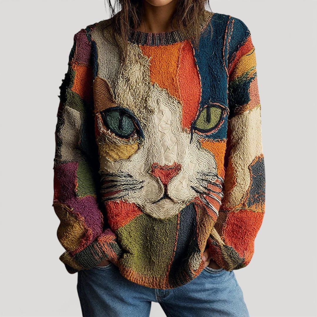 Annika | Pull en tricot coloré pour femmes avec motif de chat, col rond, coupe décontractée